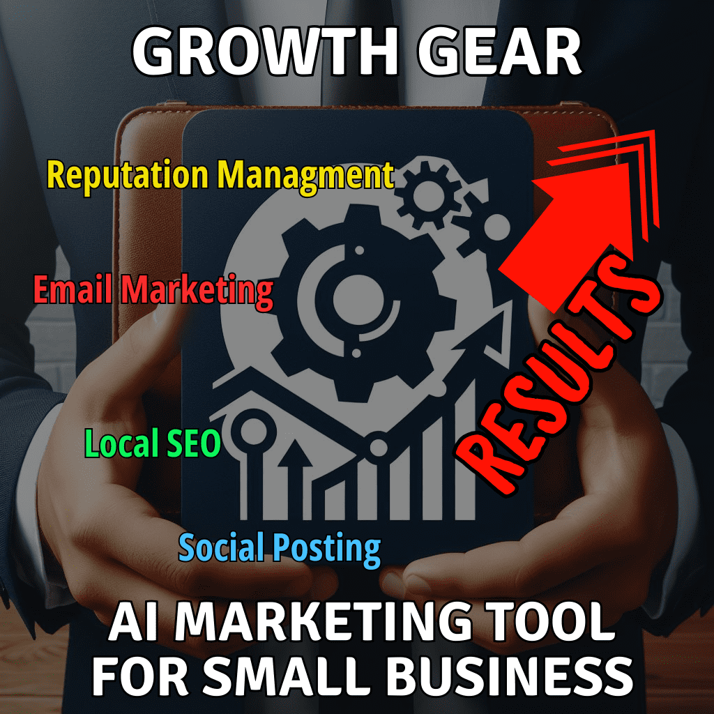 Image depicting Growth Gear, an AI-powered marketing software designed for small businesses. Features include an automated email campaign tool, a centralized inbox for streamlined communication, an AI-powered chatbot for efficient customer interaction, and a review and reputation management system to maintain positive business presence.