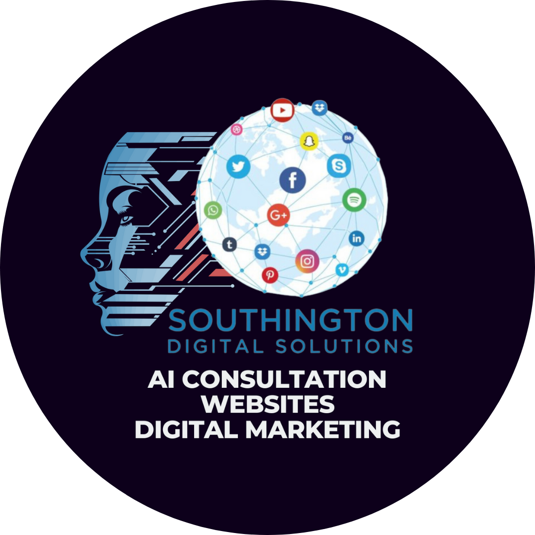 Southington Digital Solutions logo featuring a futuristic profile silhouette and a globe interconnected with social media icons, showcasing services including AI automation, websites, digital marketing, and video content production.